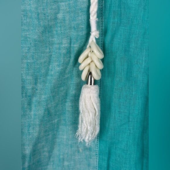 Sigrid Olsen Caftan Linen Blend Tassel Aqua CoverUp Pockets Dress Women’s Sz M - Picture 4 of 7